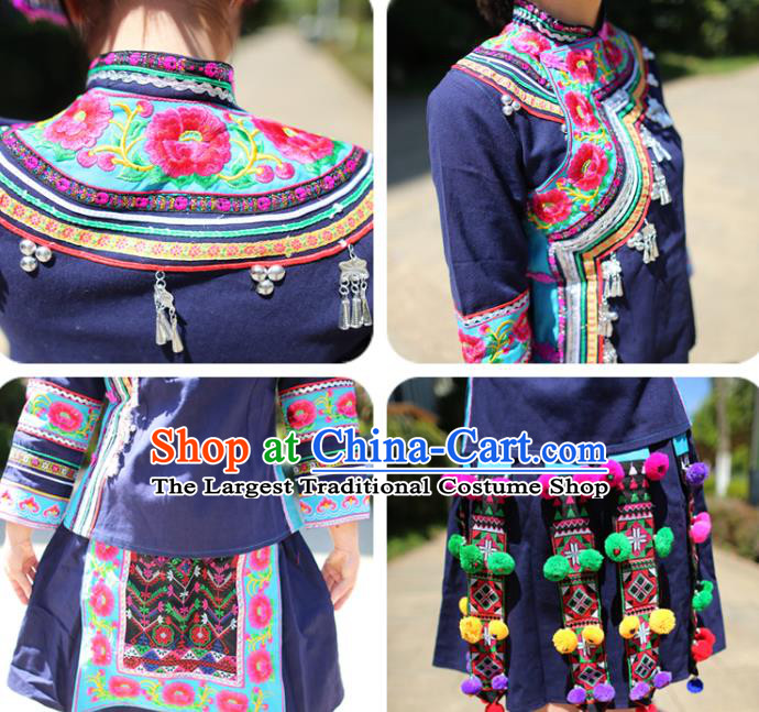 China Mojiang Hani Nationality Embroidered Navy Blouse and Short Skirt Traditional Ethnic Uniforms with Headpiece