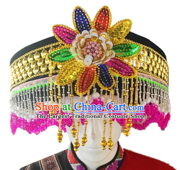 Best Chinese Tujia Nationality Round Hat Top Quality China Ethnic Women Beads Tassel Headwear