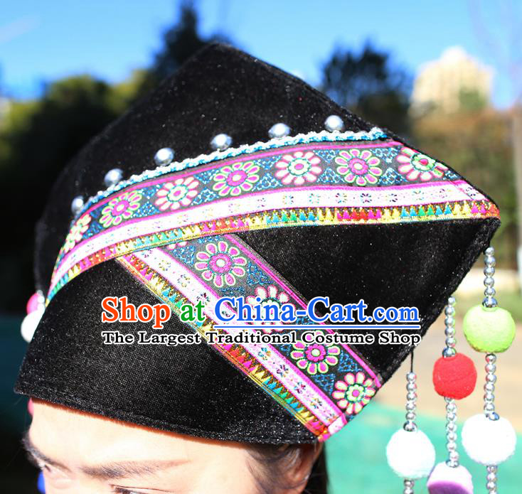 Top Quality China Ethnic Women Headwear Chinese Zhuang Nationality Embroidered Black Hat