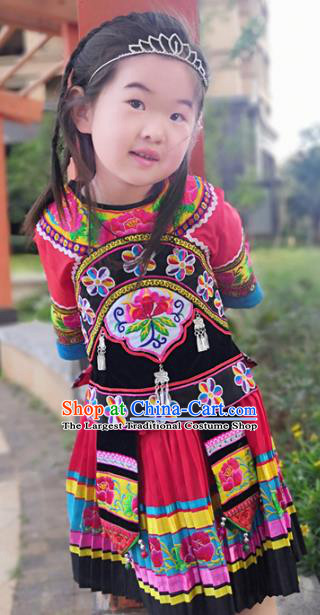 Chinese Miao Nationality Girls Costumes Quality Ethnic Folk Dance Embroidered Blouse and Skirt for Kids