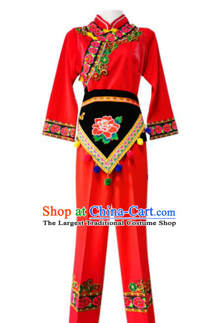 China Yi Nationality Drum Dance Embroidered Costumes Chinese Yi Ethnic Women Red Blouse and Pants with Cockscomb Hat