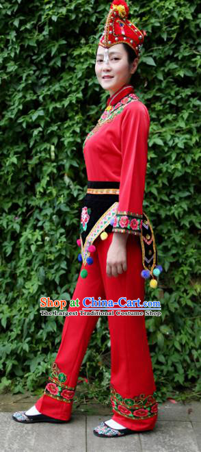 China Yi Nationality Drum Dance Embroidered Costumes Chinese Yi Ethnic Women Red Blouse and Pants with Cockscomb Hat