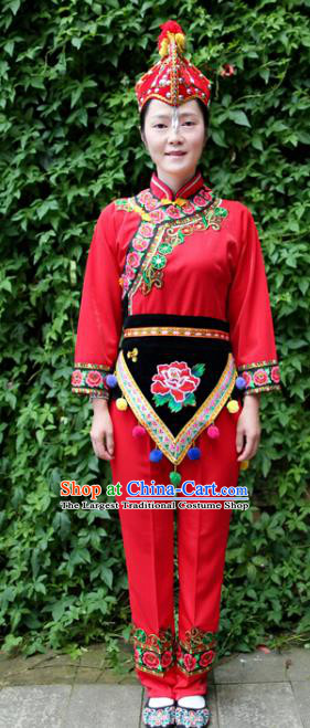 China Yi Nationality Drum Dance Embroidered Costumes Chinese Yi Ethnic Women Red Blouse and Pants with Cockscomb Hat