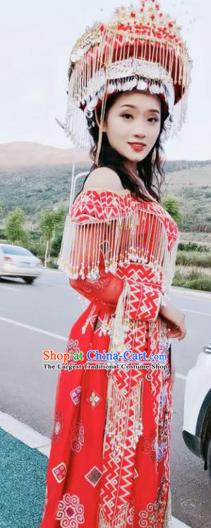 China Traditional Miao Nationality Embroidered Outfits Women Red Dress Ethnic Photography Clothing and Headwear