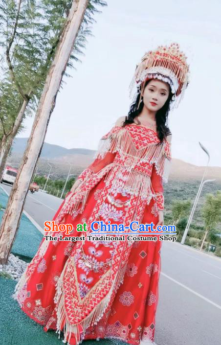 China Traditional Miao Nationality Embroidered Outfits Women Red Dress Ethnic Photography Clothing and Headwear
