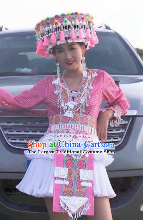 Photography Clothing China Mengzi Miao Nationality Clothing Embroidered Outfits Ethnic Women Pink Short Dress and Headpiece