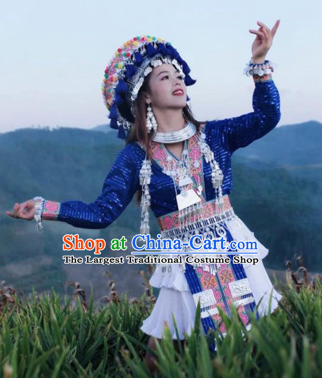 China Ethnic Women Royalblue Short Dress and Headpiece Mengzi Miao Nationality Clothing Photography Embroidered Outfits