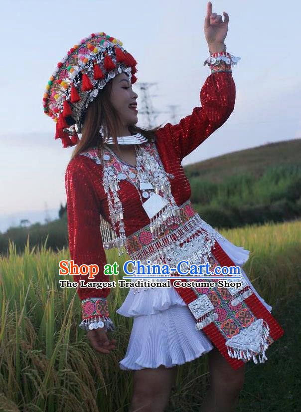 China Photography Embroidered Outfits Mengzi Miao Nationality Clothing Ethnic Women Red Sequins Short Dress and Headwear