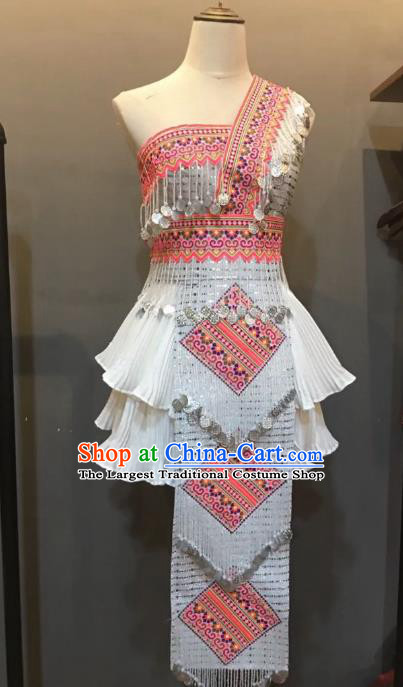 Top Quality Photography Women White One Shoulder Short Dress China Yunnan Miao Ethnic Embroidered Costumes Miao Minority Clothing
