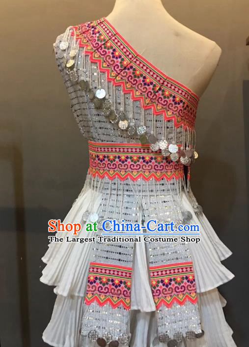 Top Quality Photography Women White One Shoulder Short Dress China Yunnan Miao Ethnic Embroidered Costumes Miao Minority Clothing