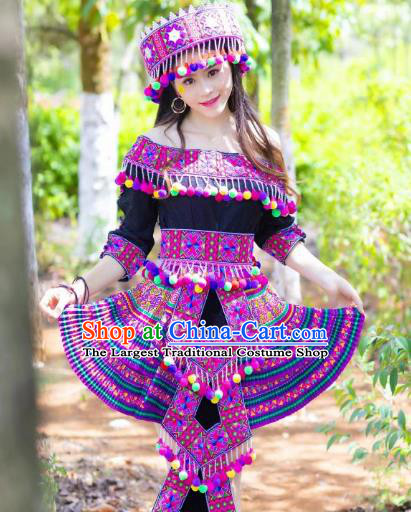 Top Quality Miao Minority Dance Clothing China Yunnan Miao Ethnic Embroidered Blouse and Skirt Women Short Dress with Hat