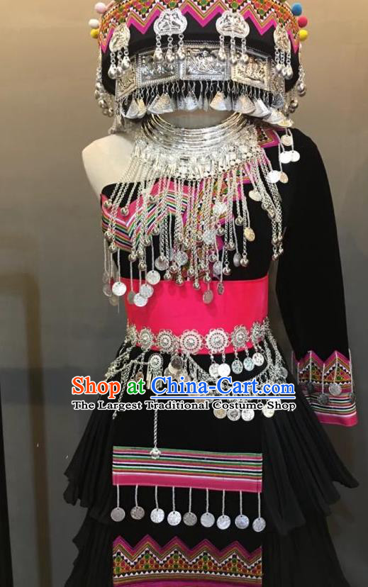China Wenshan Miao People Clothing Female Photography Embroidered Outfits Miao Ethnic Minority Black Dress and Headpiece