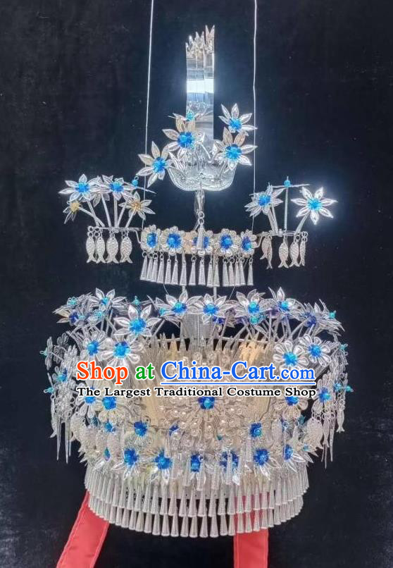 Chinese Miao Ethnic Wedding Bride Phoenix Hat Minority Folk Dance Hair Accessories Traditional Blue Beads Headdress
