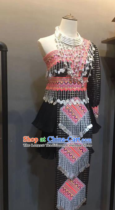 China Ethnic Stage Performance Costumes Yunnan Yao Minority Dance Clothing Miao Nationality Women Black Dress