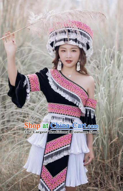 China Miao People Black One Shoulder Blouse and Short Skirt with Hat Guizhou Miao Ethnic Female Costumes Minority Nationality Photography Clothing