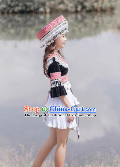 China Miao People Black One Shoulder Blouse and Short Skirt with Hat Guizhou Miao Ethnic Female Costumes Minority Nationality Photography Clothing