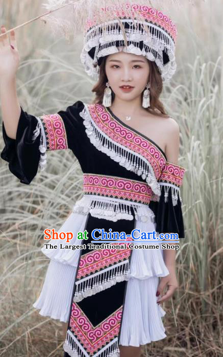 China Miao People Black One Shoulder Blouse and Short Skirt with Hat Guizhou Miao Ethnic Female Costumes Minority Nationality Photography Clothing
