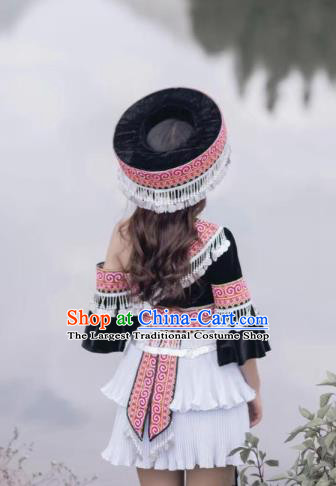 China Miao People Black One Shoulder Blouse and Short Skirt with Hat Guizhou Miao Ethnic Female Costumes Minority Nationality Photography Clothing