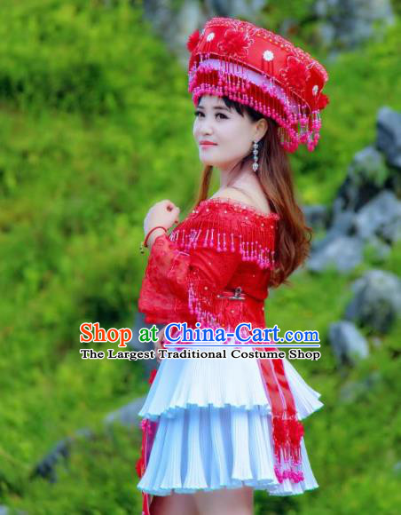 China Ethnic Folk Dance Red Blouse and Short Skirt Miao Ethnic Nationality Bride Costumes with Red Hat