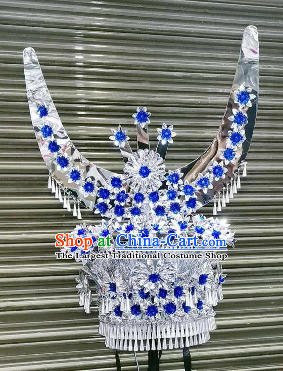 Chinese Ethnic Wedding Royalblue Flowers Hat Traditional Minority Women Folk Dance Hair Accessories Guizhou Miao Nationality Headdress