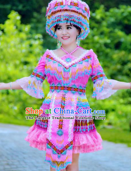 China Miao Ethnic Clothing Rosy Blouse and Short Skirt Miao Nationality Folk Dance Fashion Costumes with Hat