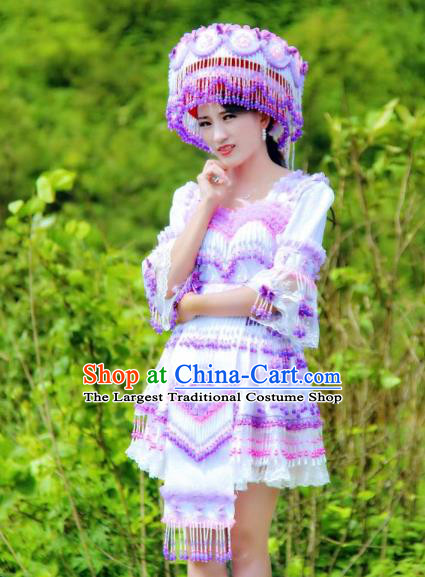 China Miao Ethnic Folk Dance Clothing with Hat Miao Nationality Women Fashion Costumes Lilac Beads Tassel Blouse and Short Skirt