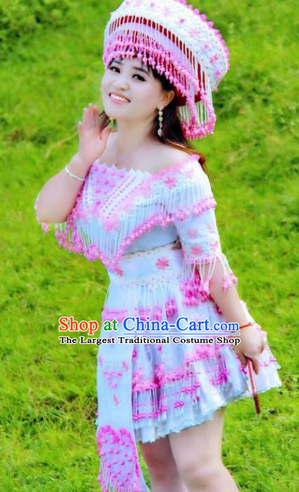 Top Quality China Guizhou Ethnic Light Blue Blouse and Short Skirt Fashion with Headdress Miao Nationality Folk Dance Clothing