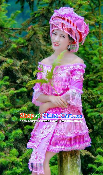 Top Quality China Minority Fashion with Headdress Miao Nationality Folk Dance Clothing Liangshan Ethnic Purple Blouse and Short Skirt