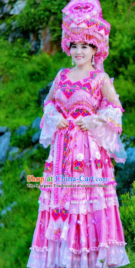 China Guizhou Miao Ethnic Wedding Fashion Top Quality Miao Nationality Bride Clothing Minority Rosy Dresses with Headdress