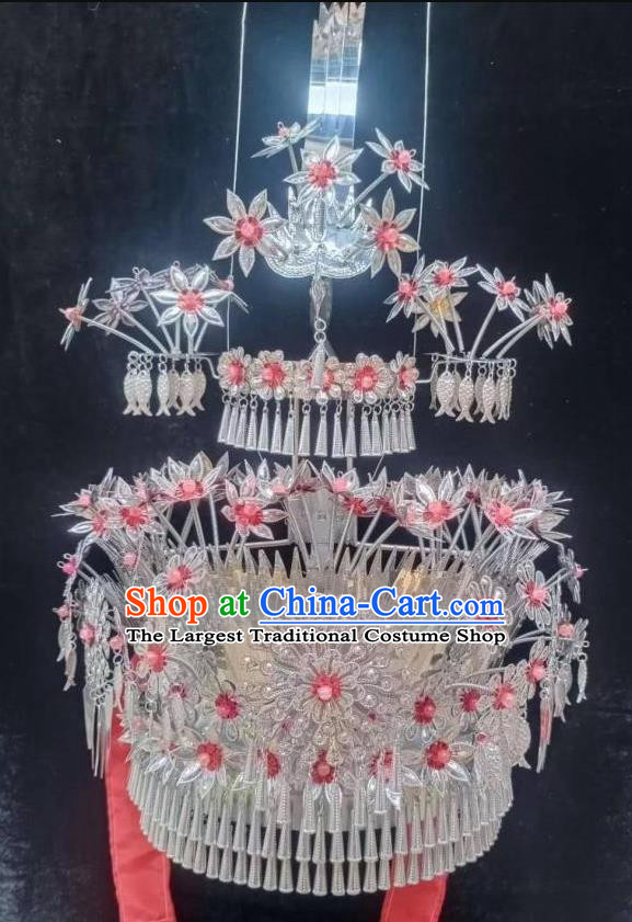 Chinese Traditional Minority Folk Dance Headdress Miao Ethnic Wedding Red Beads Flowers Phoenix Hat Bride Hair Accessories