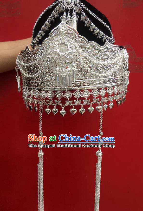 Chinese Miao Ethnic Wedding Silver Hat Minority Traditional Nationality Headdress Folk Dance Hair Accessories