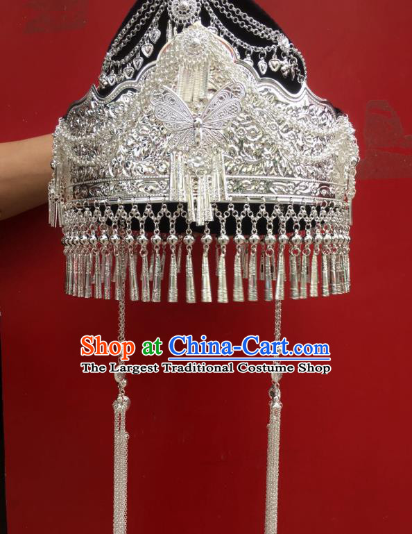 Chinese Traditional Minority Headwear Nationality Bride Headdress Miao Ethnic Wedding Argent Butterfly Hat