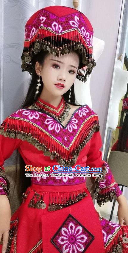 China Ethnic Photography Clothing Guizhou Miao Nationality Fashion Top Quality Folk Dance Red Dress with Hat