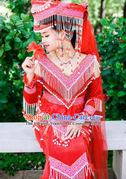 Top Quality Yunnan Folk Dance Red Dress Ethnic Fashion China Miao Nationality Wedding Bride Clothing with Headwear