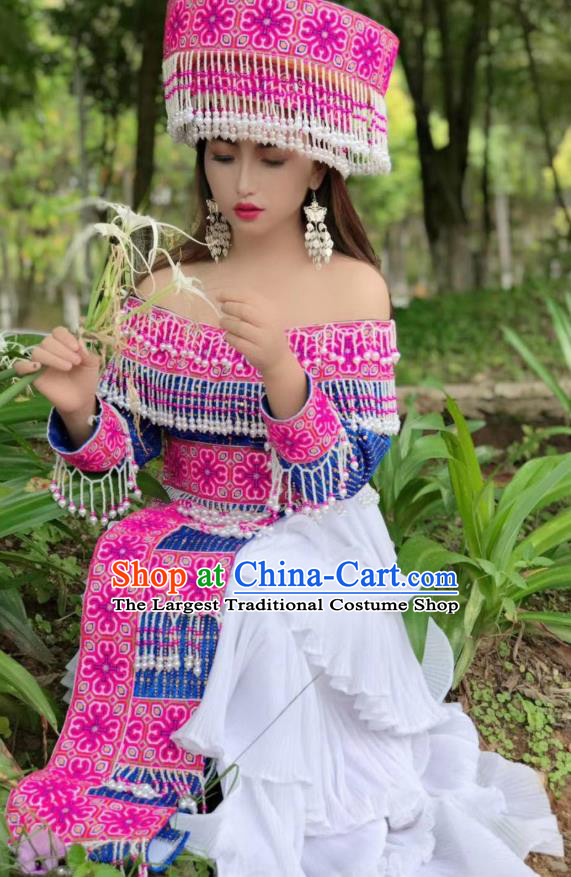 China Miao Ethnic Wedding Dress Embroidered Costumes Top Quality Miao Nationality Fashion Minority Bride Dress and Rosy Headwear