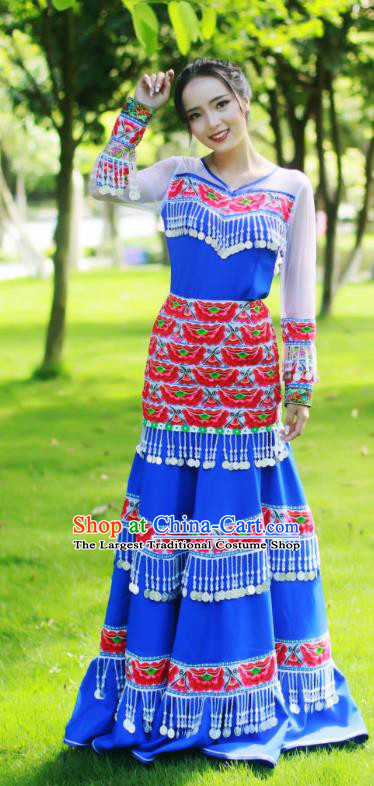 Yunnan Yi Minority Bride Royalblue Long Dress Traditional Festival Celebration Costumes China Ethnic Folk Dance Apparels
