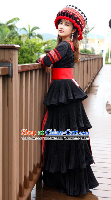 Top Quality China Yao Ethnic Women Black Dress Apparels Guizhou Minority Folk Dance Costumes Festival Celebration Clothing and Hat