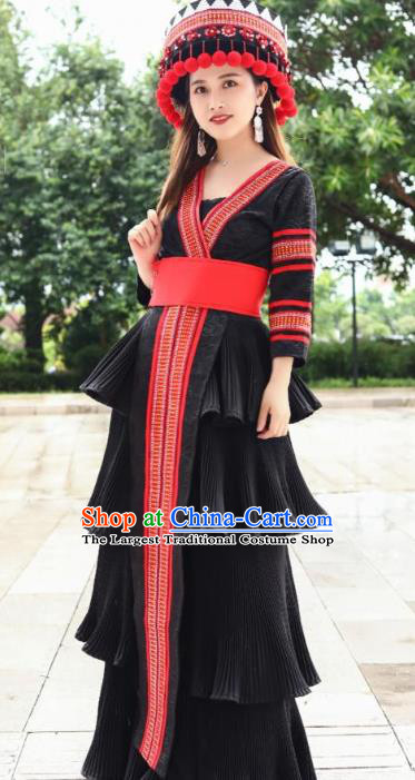 Top Quality China Yao Ethnic Women Black Dress Apparels Guizhou Minority Folk Dance Costumes Festival Celebration Clothing and Hat
