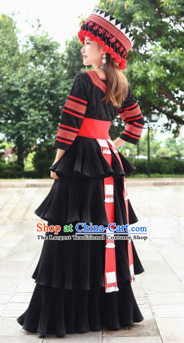 Top Quality China Yao Ethnic Women Black Dress Apparels Guizhou Minority Folk Dance Costumes Festival Celebration Clothing and Hat
