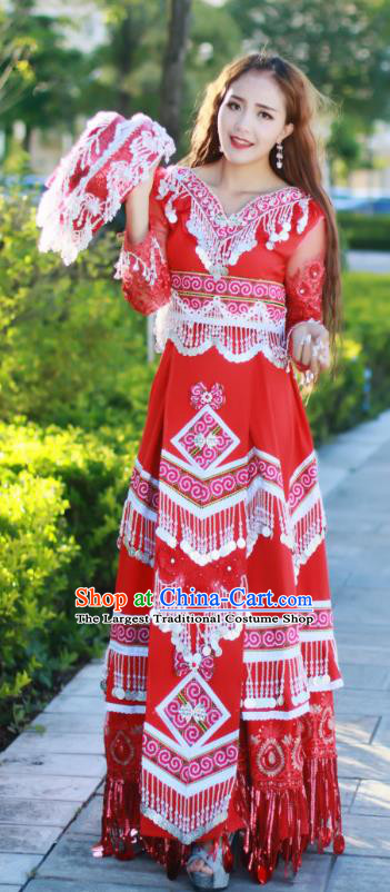 Yunnan Miao Minority Bride Red Long Dress Traditional Festival Celebration Costumes China Ethnic Wedding Women Apparels and Headdress