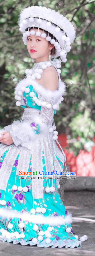 China Mengzi Miao Nationality Wedding Green Blouse and Long Skirt Minority Bride Clothing Ethnic Fashion with Headdress