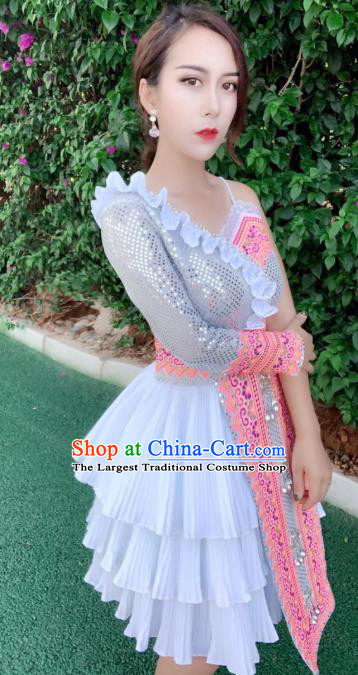 Yunnan Wenshan Minority Folk Dance Short Dress Traditional Festival Celebration Costumes China Miao Ethnic Women Apparels and Headpiece