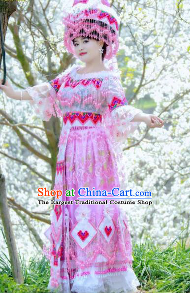 China Yunnan Ethnic Women Fashion Minority Bride Clothing Miao Nationality Wedding Pink Blouse and Long Skirt with Headdress