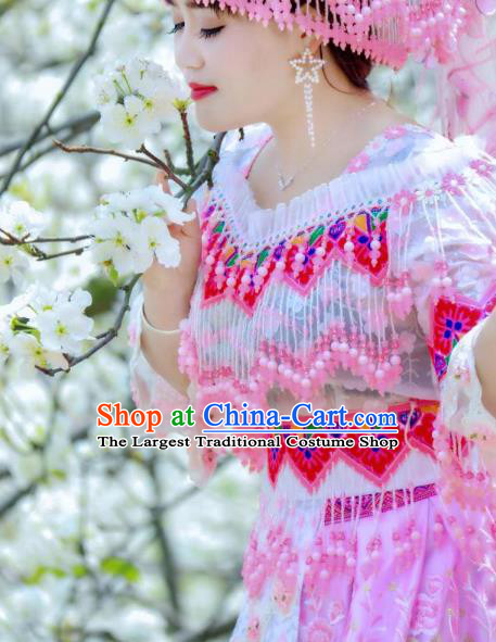 China Yunnan Ethnic Women Fashion Minority Bride Clothing Miao Nationality Wedding Pink Blouse and Long Skirt with Headdress