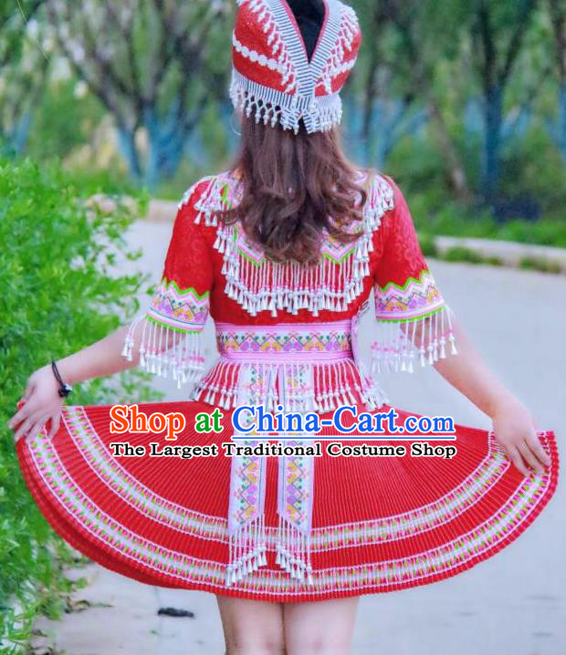 China Ethnic Apparels Miao Minority Folk Dance Red Short Dress Traditional Nationality Women Costumes and Hat