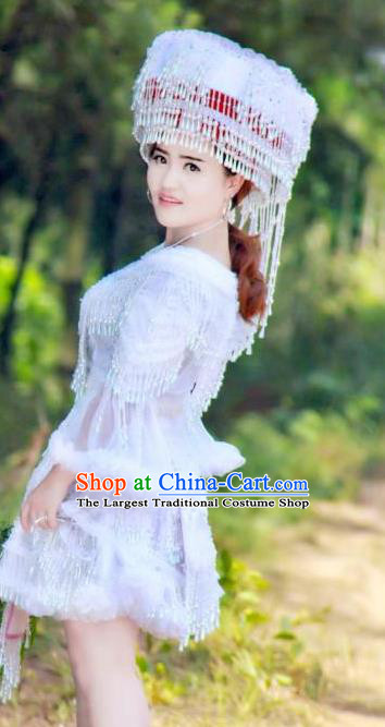 China Yunnan Ethnic Apparels Traditional Nationality Women Costumes Folk Dance Clothing Miao Minority White Short Dress and Headwear