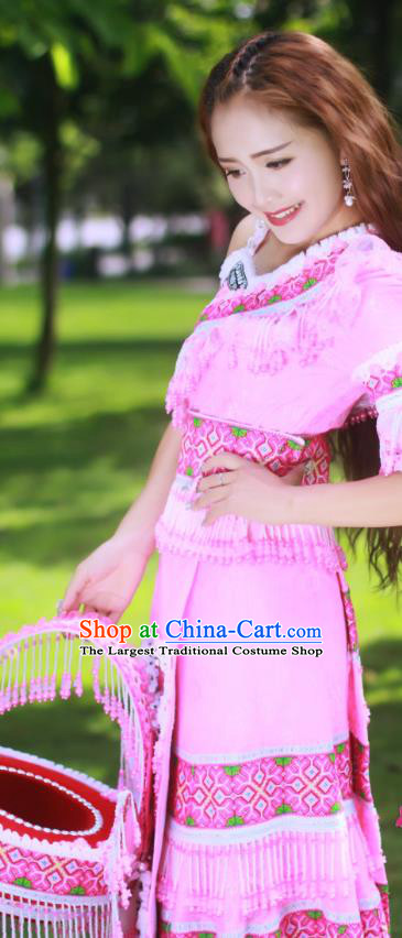 Top Quality Guizhou Minority Ethnic Wedding Costumes Festival Celebration Dance Clothing China Yao National Bride Pink Dress Apparels and Hat