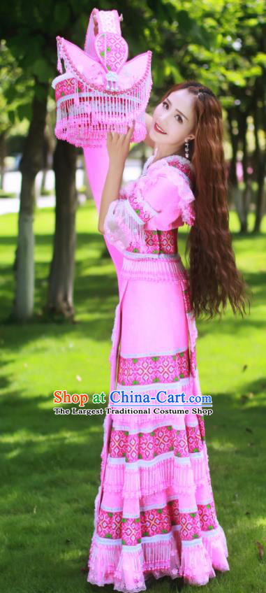 Top Quality Guizhou Minority Ethnic Wedding Costumes Festival Celebration Dance Clothing China Yao National Bride Pink Dress Apparels and Hat