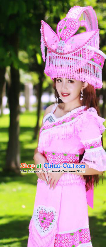 Top Quality Guizhou Minority Ethnic Wedding Costumes Festival Celebration Dance Clothing China Yao National Bride Pink Dress Apparels and Hat
