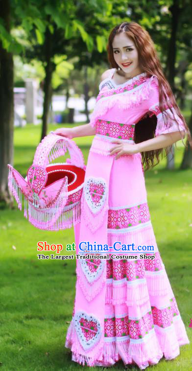 Top Quality Guizhou Minority Ethnic Wedding Costumes Festival Celebration Dance Clothing China Yao National Bride Pink Dress Apparels and Hat